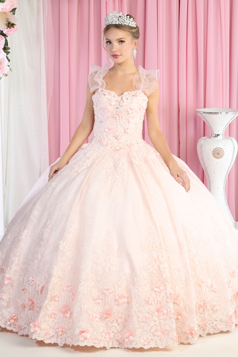 Ruffle Shoulder Embroidered Quinceanera Ballgown